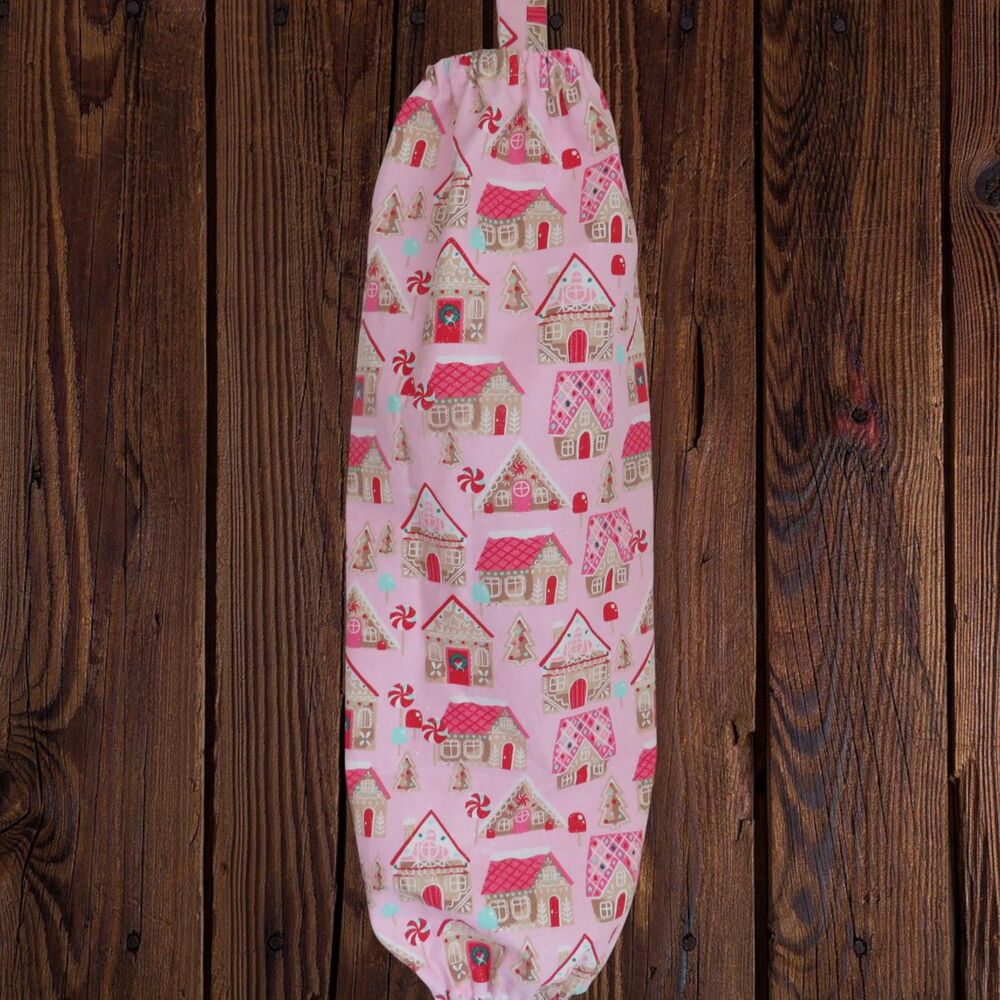 Plastic Bag Holder Christmas Glitter Fabric, Pink Gingerbread House Bag Dispense